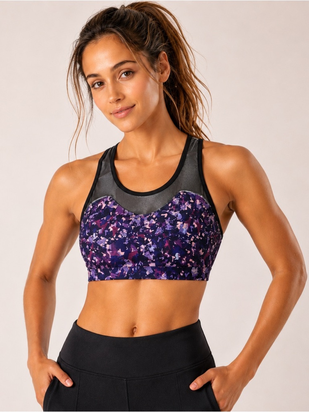 Fabletics Amna Reflective Racerback Sports Bra Purple Mosaic XL